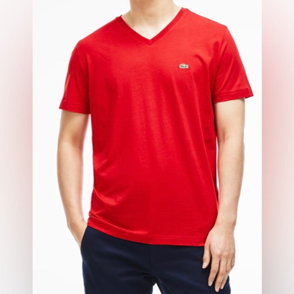 Lacoste Men’s 3XL Regular Fit Red 100% Pima Cotton‎ V-Neck Short Sleeve T Shirt